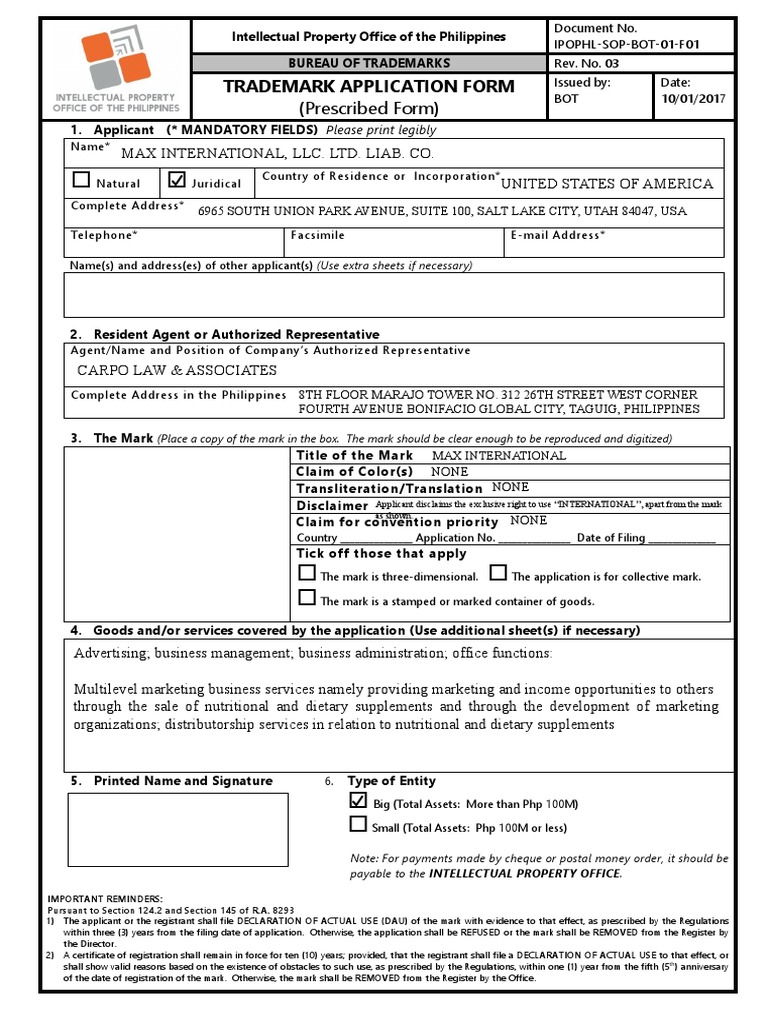 TM Application Form | PDF | Business Law | Civil Law (Common Law)