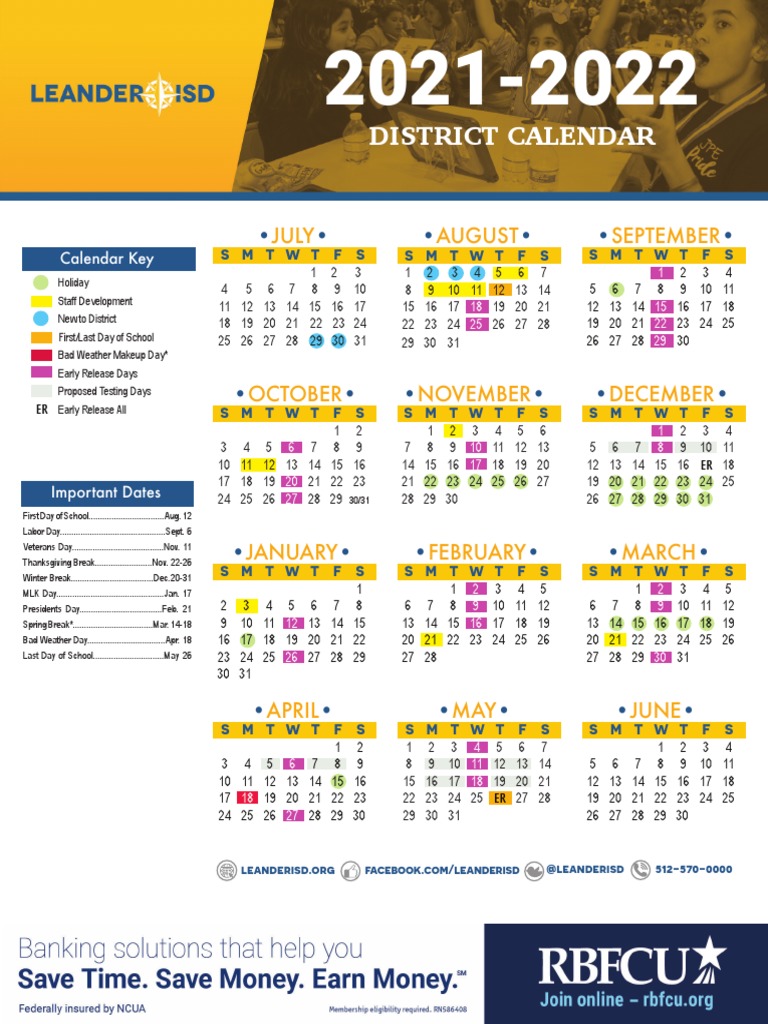 Leander Academic Calendar 21 22 | PDF | Educational Organizations |  Educational Institutions