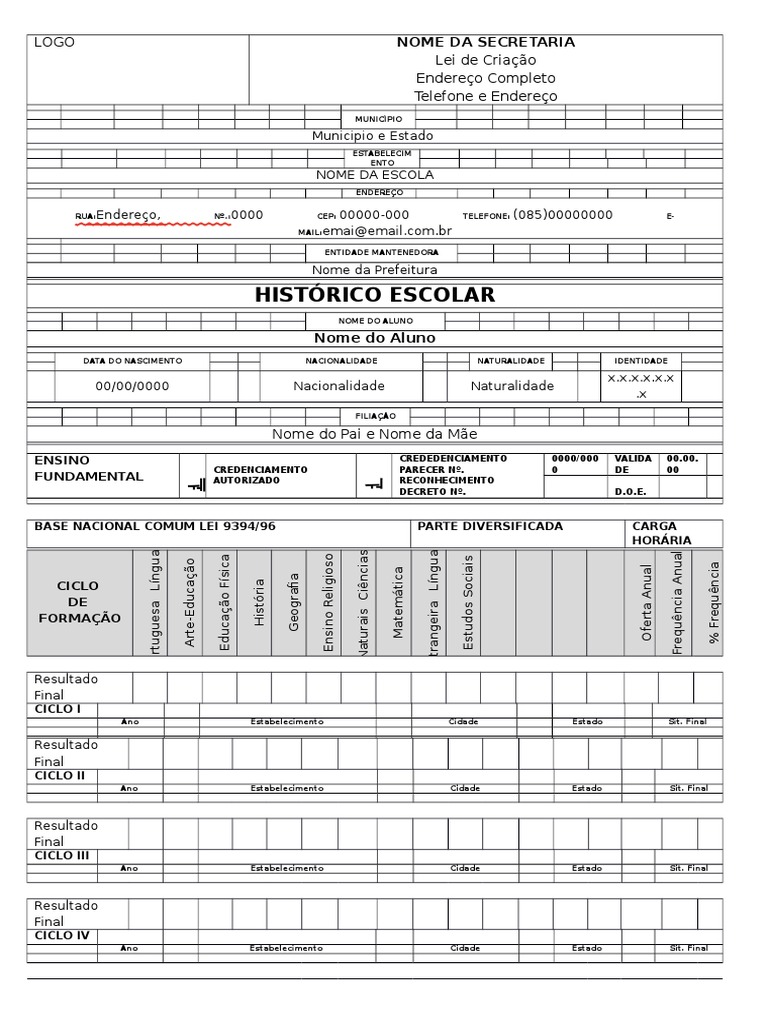 Histórico Escolar detalhado de um aluno do Ensino Fundamental | PDF ...