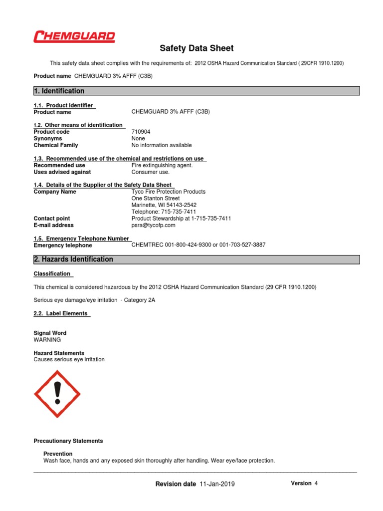 Chemguard 3% AFFF Safety Data Sheet | PDF | Toxicity | Superfund