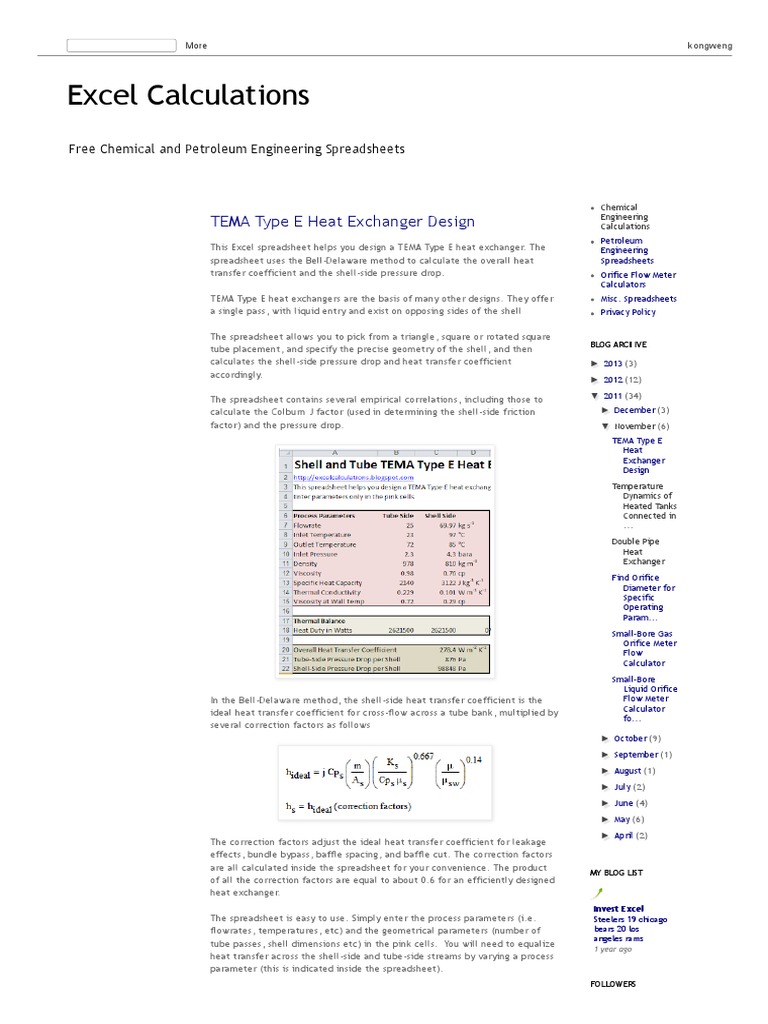 November 2011 - Excel Calculations | PDF | Heat Transfer | Heat Exchanger