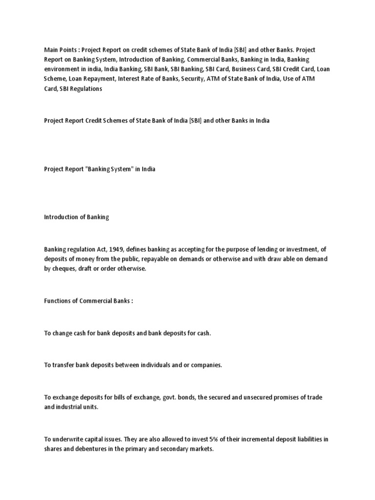 MBA Finance Project On Credit Schemes of State Bank of India (SBI) and ...
