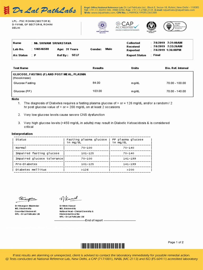 Diabetes Test Report - Dr. Lal PathLabs | PDF | Prediabetes | Endocrine ...