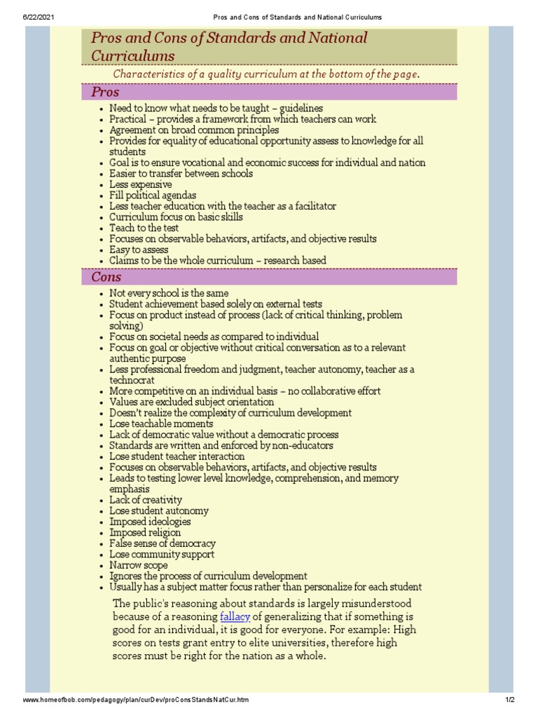 Pros and Cons of Standards and National Curriculums PDF Curriculum