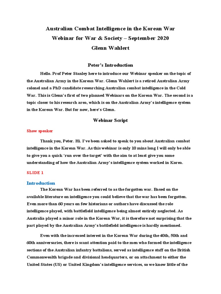 Australia Combat Int in The Korean War PDF Military Intelligence