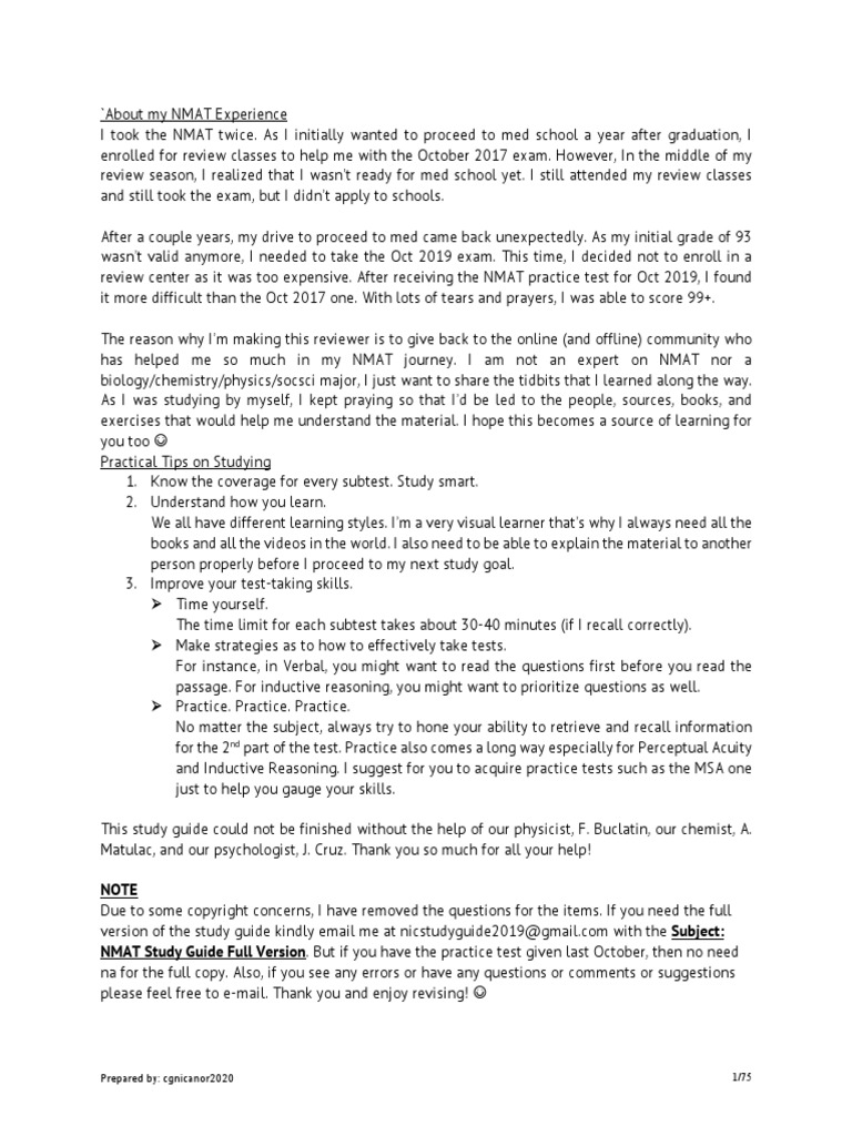 October 2019 NMAT Study Guide Ver. 1.B | PDF | Cell (Biology) | Plasmid