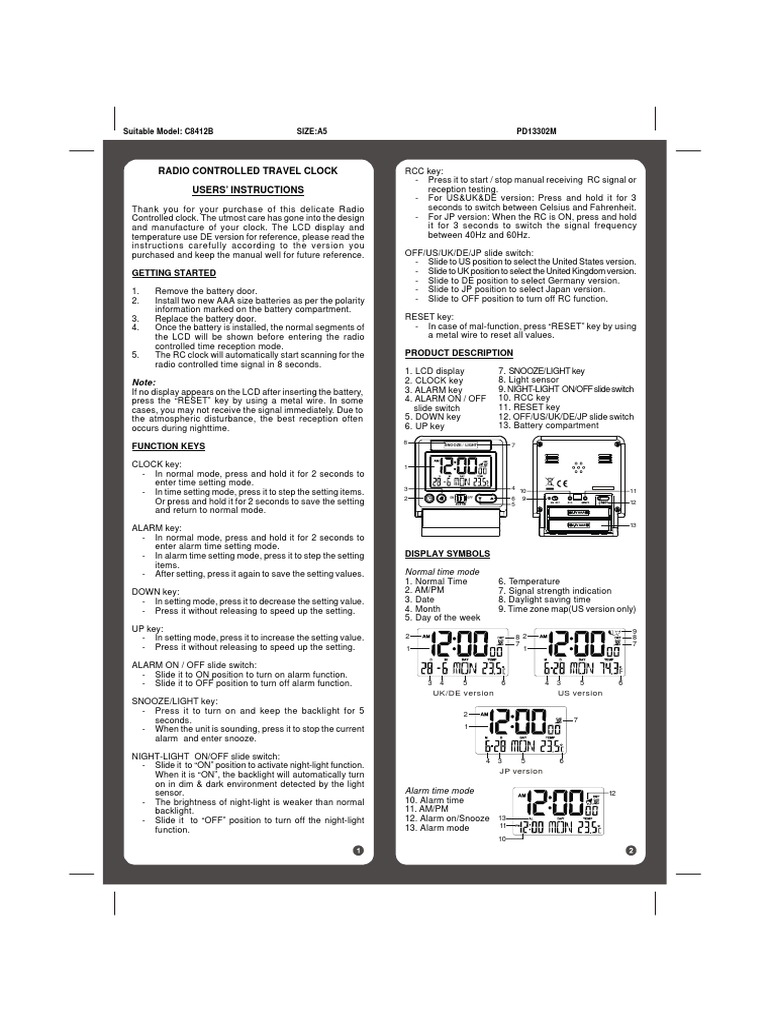 Radio Controlled Travel Clock Users' Instructions Getting Started