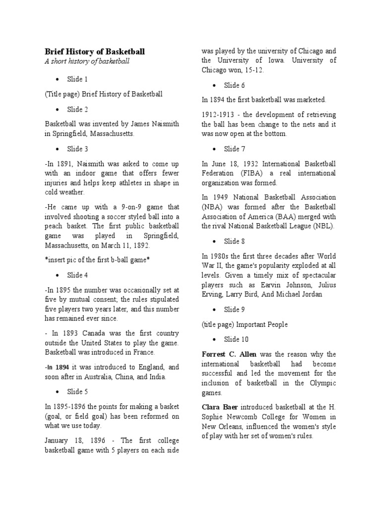 Brief History of Basketball PDF National Basketball Association Team Sports