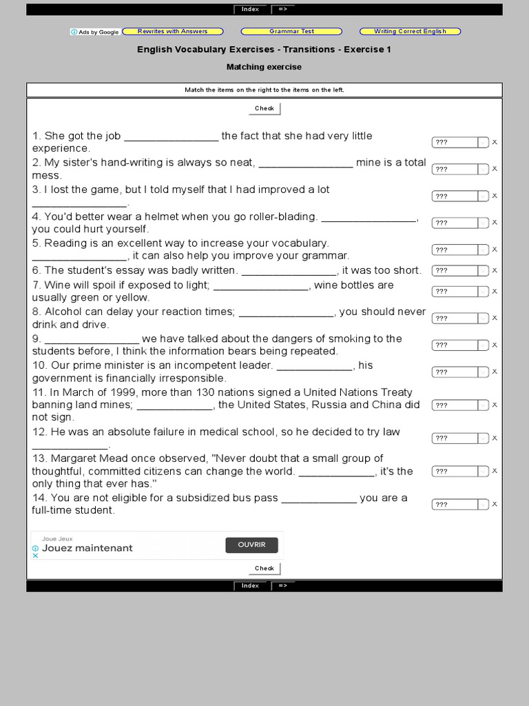 Vocabulary Transition Exercises | PDF