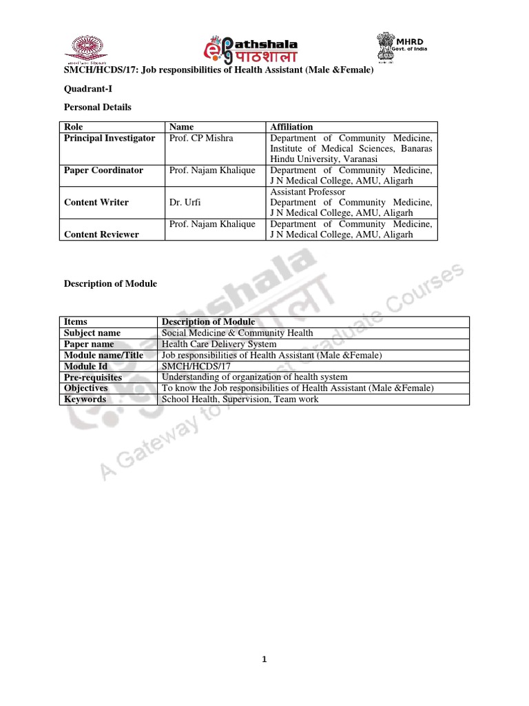 Job Responsibilities of Health Assistant (Male &female) PDF Family