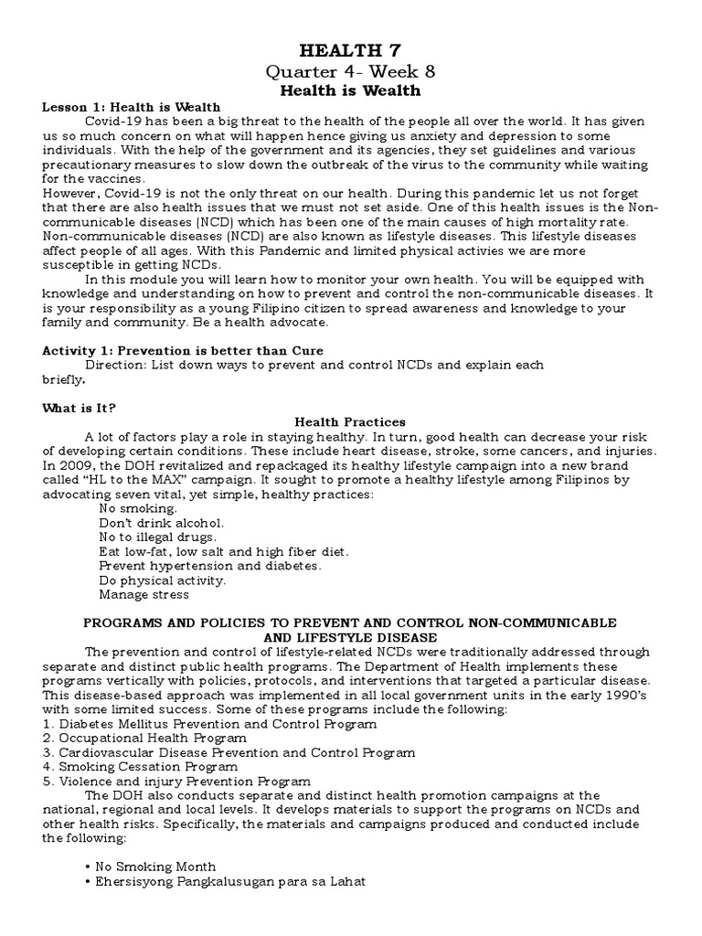 HEALTH 7 Compress Week 8 | PDF | Non Communicable Disease | Preventive ...
