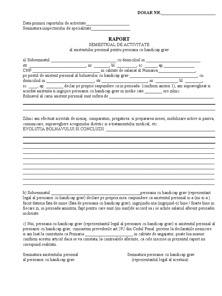 Formular Raport Semestrial de Activitate Asistent Personal | PDF