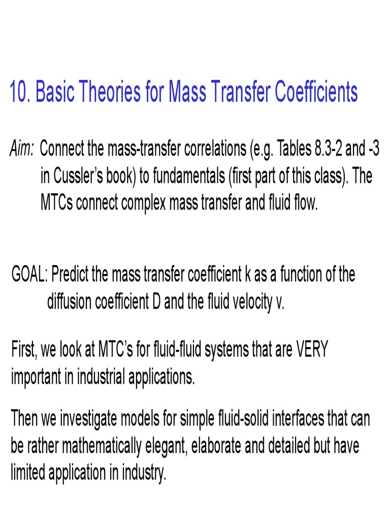Mass Transfer Coefficients Theories | PDF | Diffusion | Fluid Dynamics