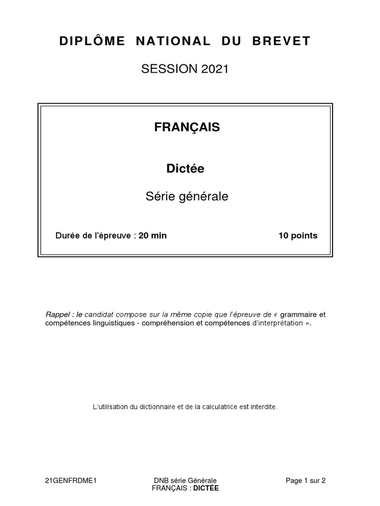 Dictéé Brevet 2021 Dnb21 Dictee Serie Generale | PDF