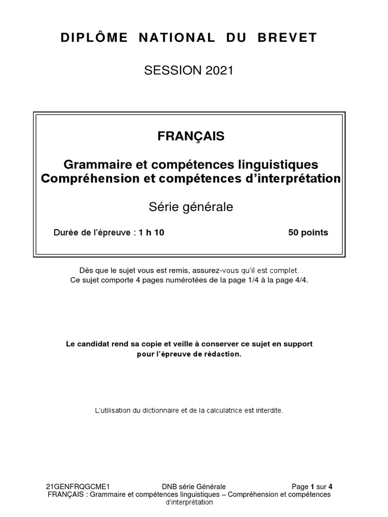 Sujet Brevet 2021 Français Corrigé Dnb21 Grammaire Questions Serie Generale | PDF | Langues