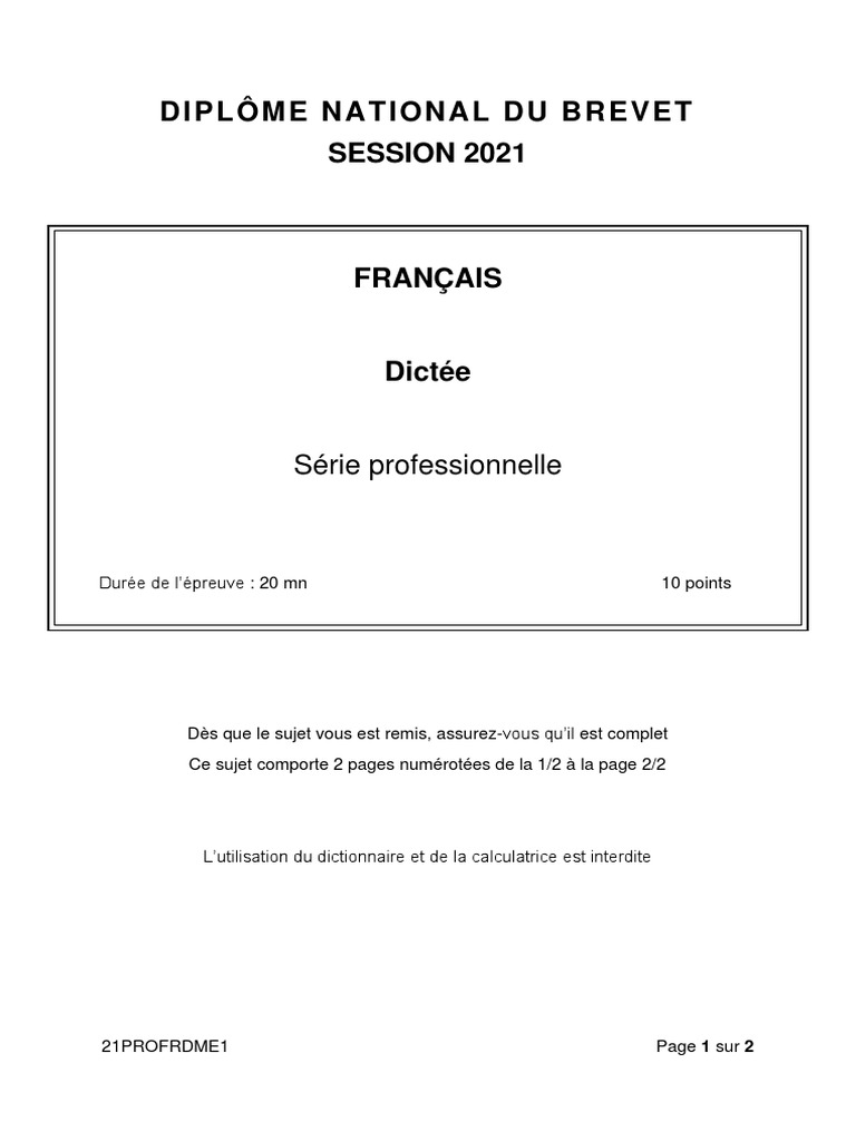 Sujet Et Corrigé Brevet Série Professionnelle Maths Dnb21 Dictee Serie Professionnelle | PDF