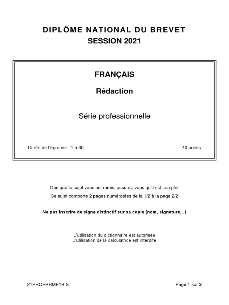 Sujet Brevet Histoire Géo 2021 Dnb21 Redaction Serie Professionnelle | PDF