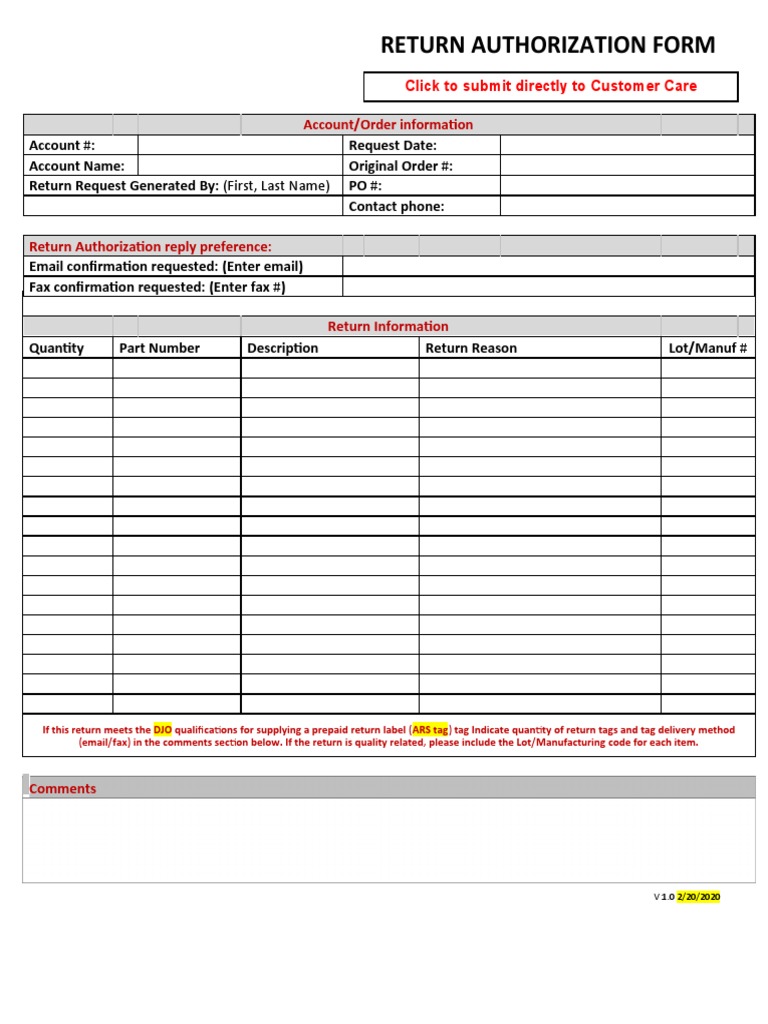 Return Authorization Form: Account/Order Information | PDF