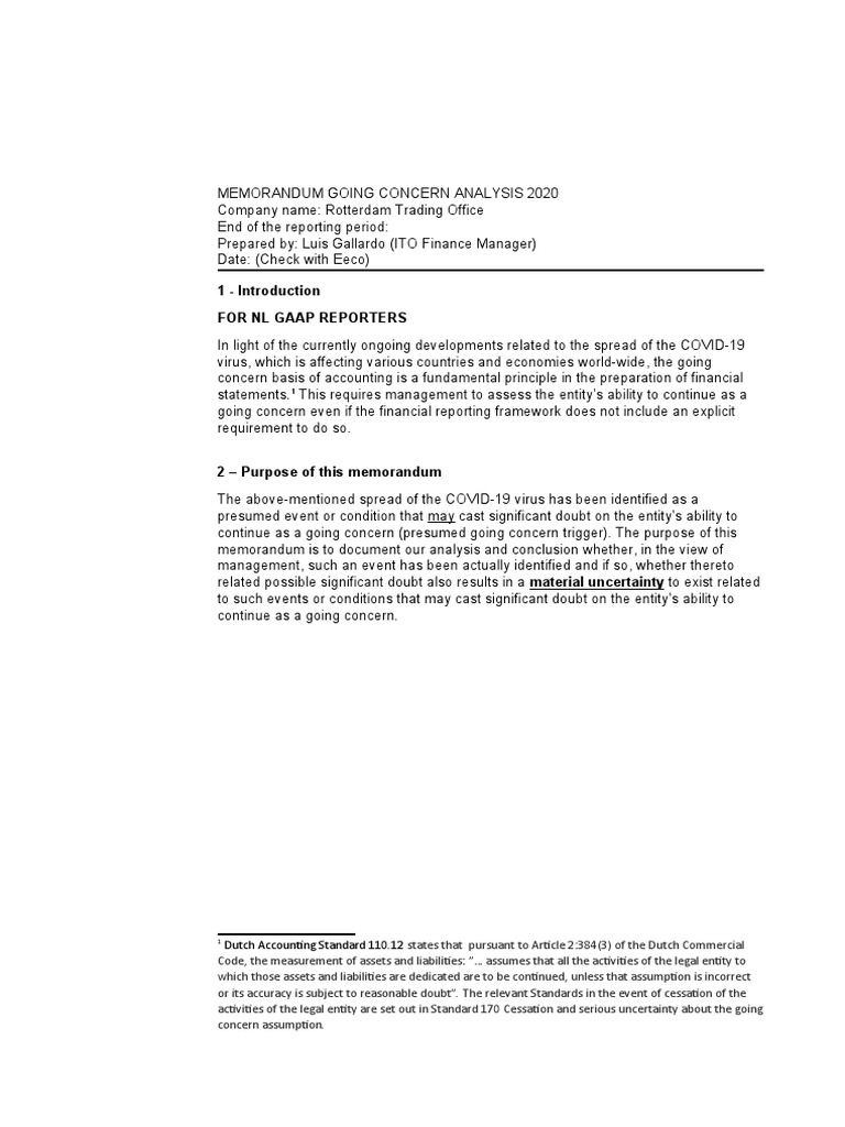 Template Memo GC Analysis (Client) EN | PDF | Going Concern | Credit