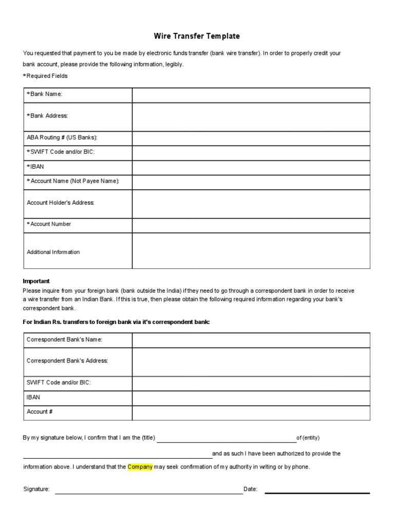 19 Wire Transfer Instructions Form Template PDF