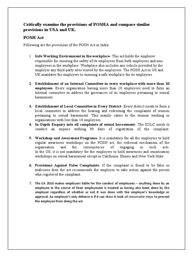 Critically Examine The Provisions of POSHA and Compare Similar ...