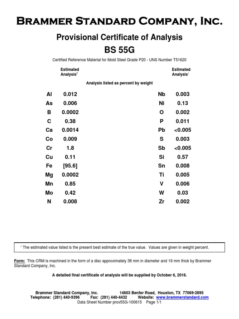 Brammer Standard Company, Inc. Provisional Certificate of Analysis PDF Metallic Elements
