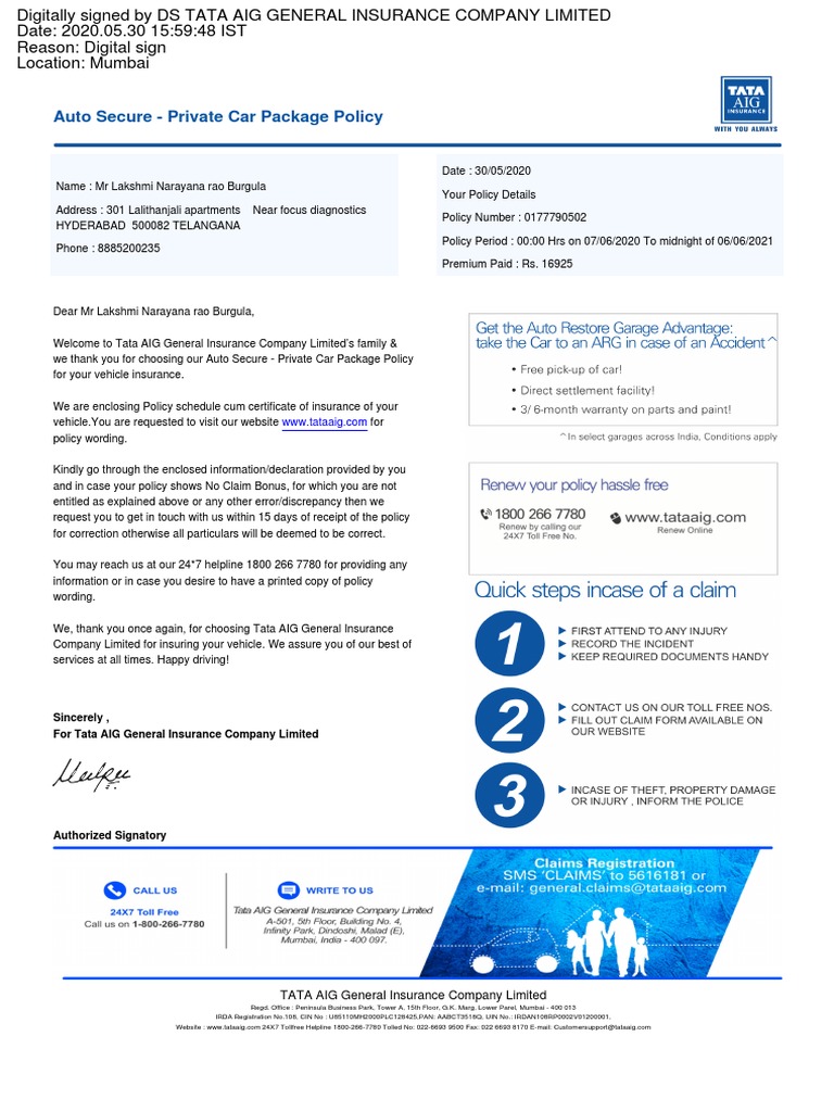 Auto Secure - Private Car Package Policy: Sincerely, For Tata AIG ...