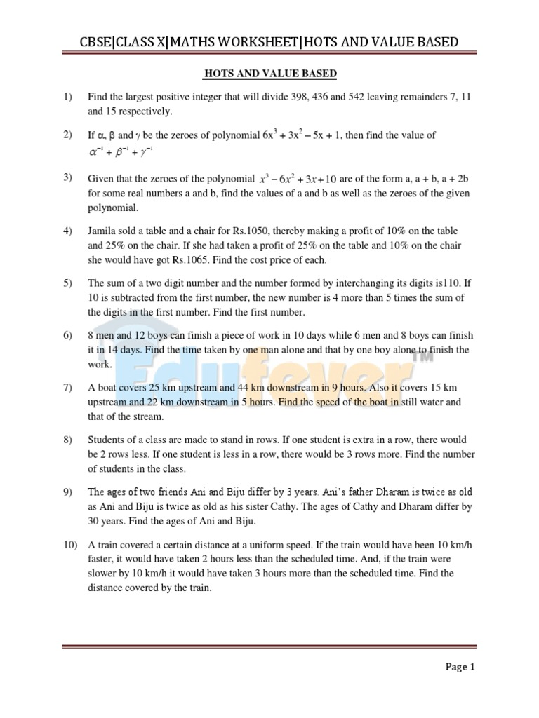 Class 10 Maths Worksheet: HOTS & Problems | PDF | Triangle | Numbers