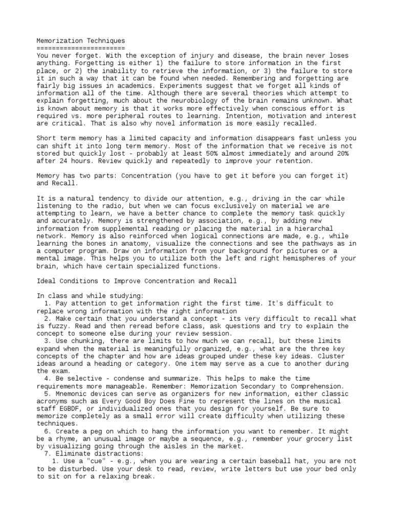 Memorization Techniques Pdf Memory Cognitive Neuroscience