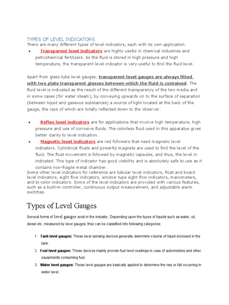 Types of Level Indicators Explained | PDF | Liquids | Metrology