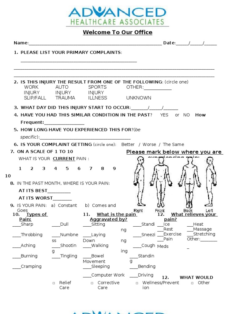 Patient Intake Form for Chiropractic Care | PDF | Health Care | Pain