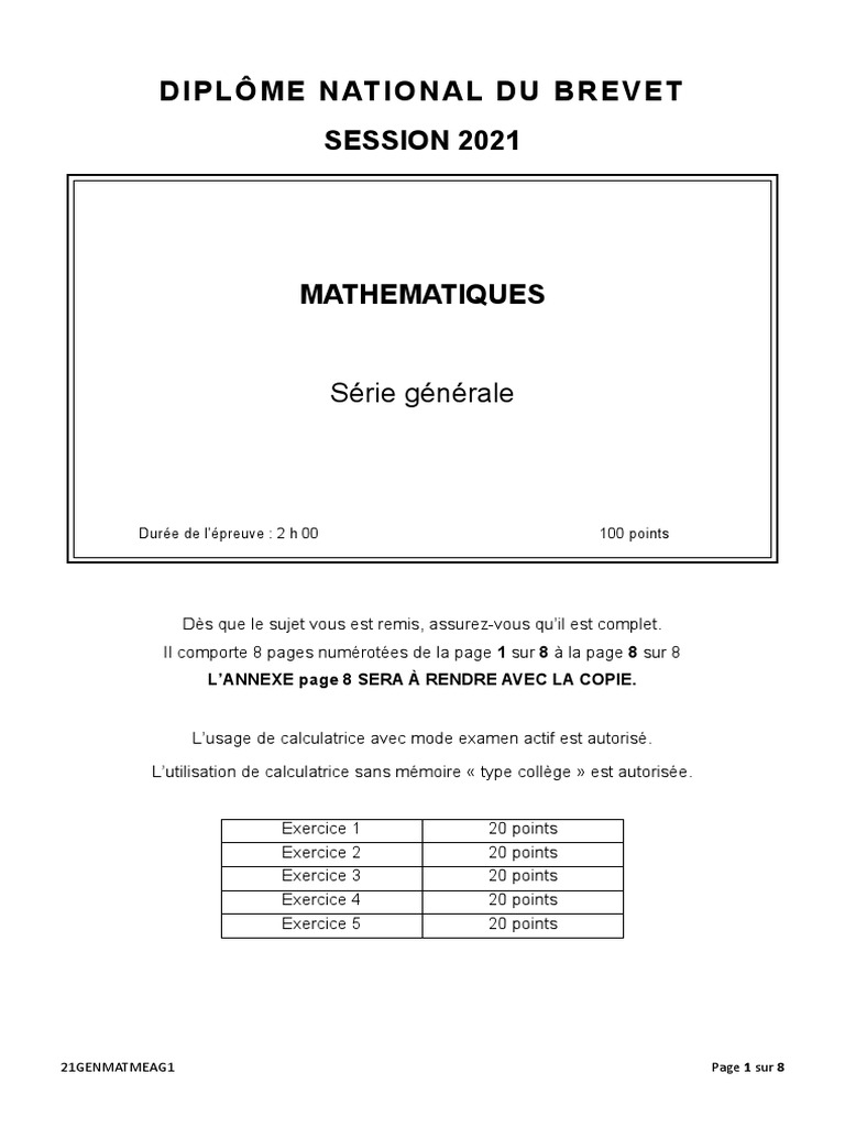 Sujet Brevet Maths 2021 Pdf Corrigé Brevet 2021 Mathematiques Sujet Serie Generale | PDF | Enseignement des  mathématiques | La nature
