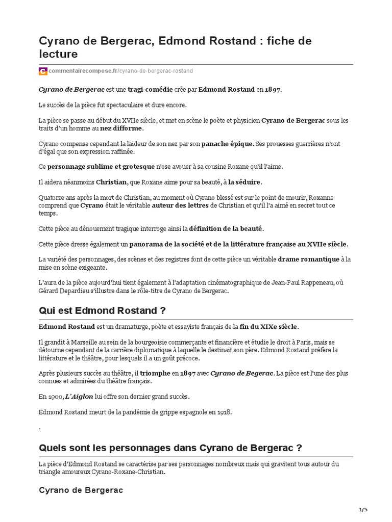 Fiche De Lecture Cyrano De Bergerac 4eme