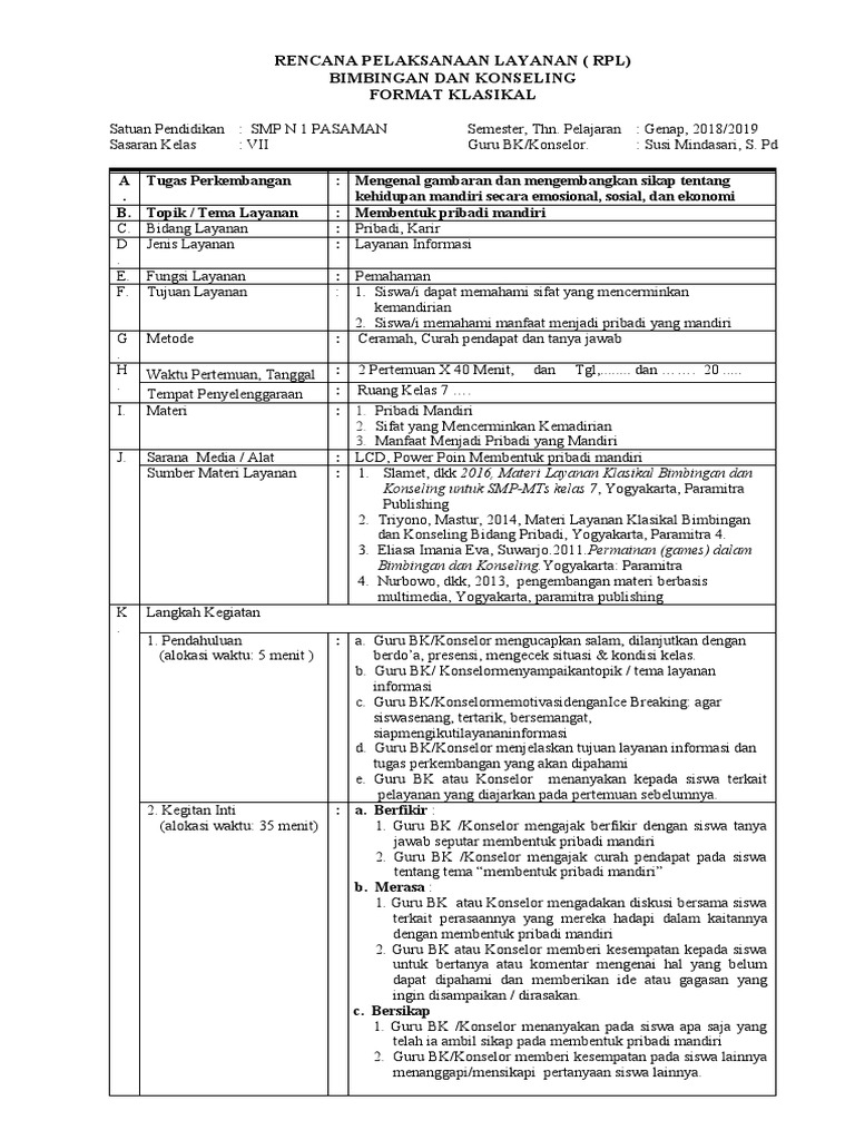 Rencana Layanan Bimbingan Mandiri SMP | PDF