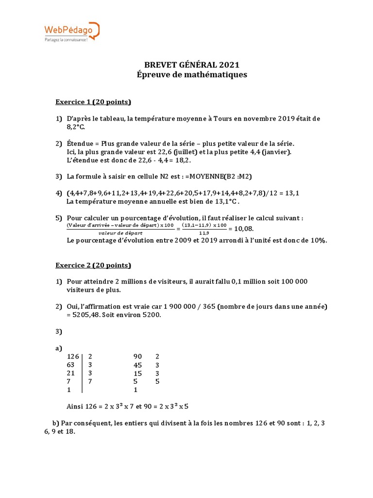 Sujet Brevet Maths 2021 Pdf Corrigé