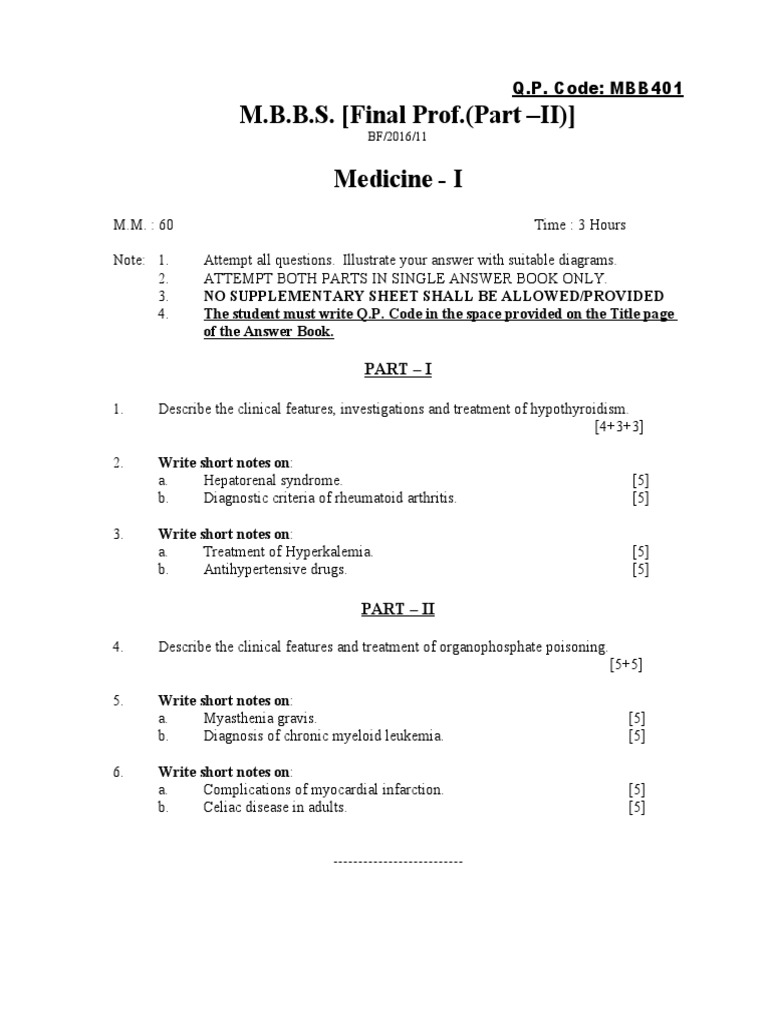 Final Prof MBBS Part II Exam Questions | PDF | Diseases And Disorders | Rtt