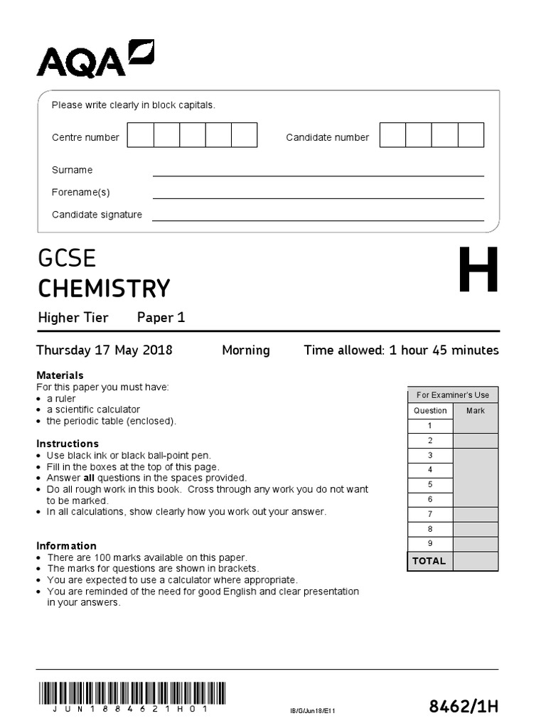 June 18 Qp Paper 1 H Aqa Chemistry Gcse Chlorine Chemistry