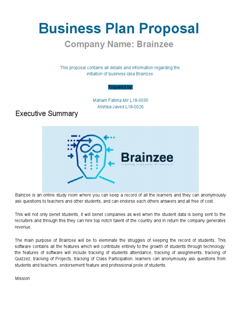 Business Plan Proposal: Company Name: Brainzee | PDF | Prototype | Learning