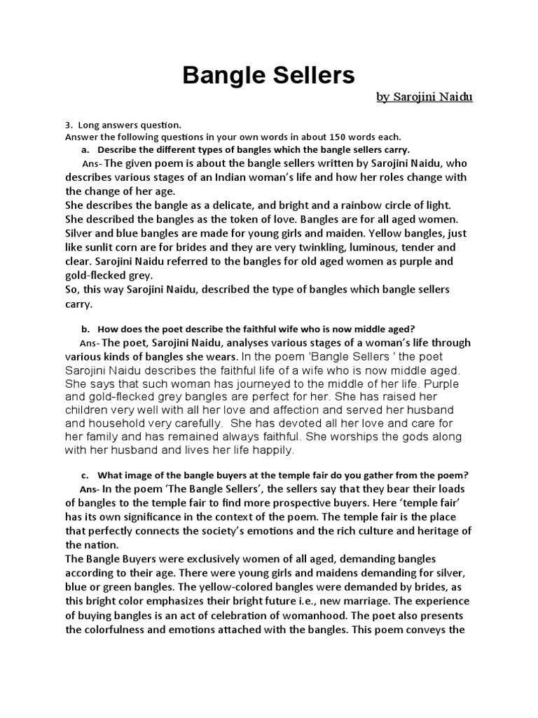 Bangle Sellers 3. Long Answers Question. Answer The Following