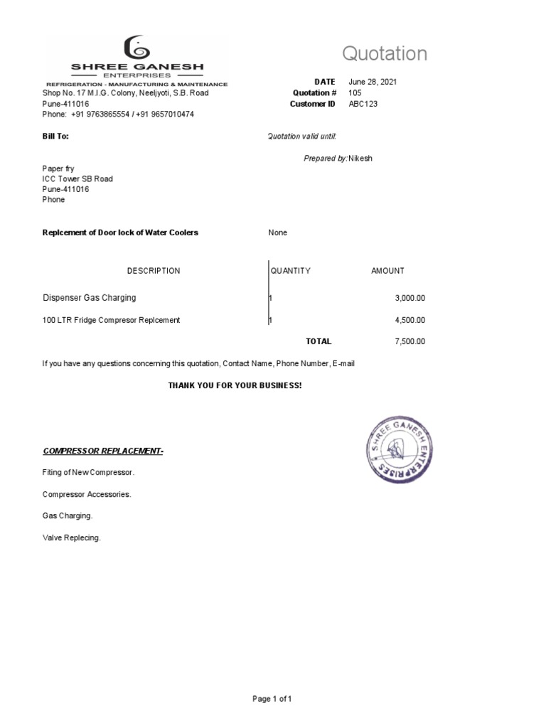Quotation: Date Quotation # Customer ID | PDF