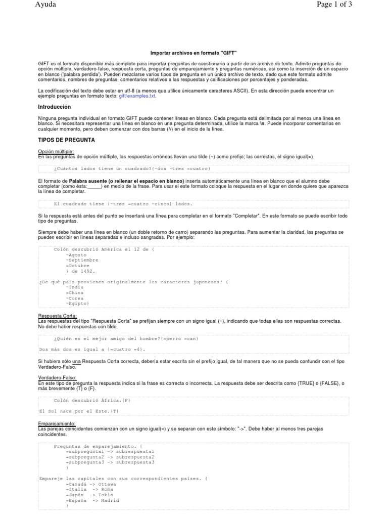 Guía de Formato GIFT para Cuestionarios | PDF | Moodle | HTML