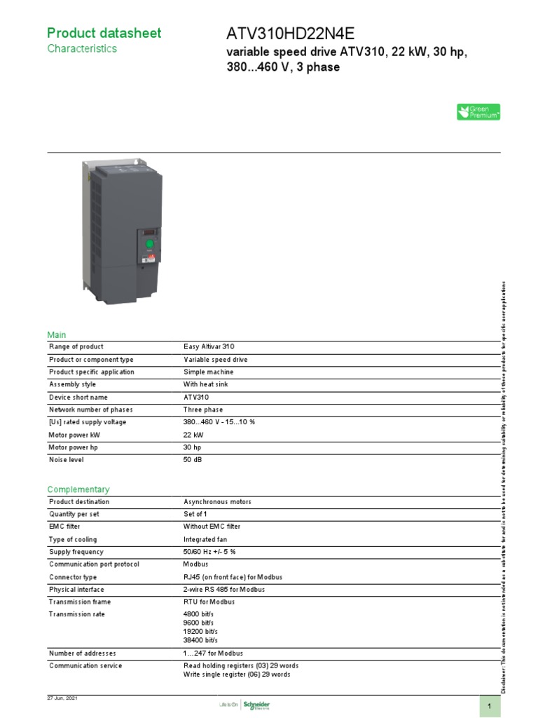 ATV310 Variable Speed Drive Datasheet | PDF | Electric Motor ...