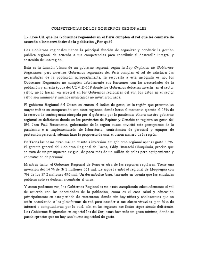 Competencias de Los Gobiernos Regionales | PDF | Perú | Economias