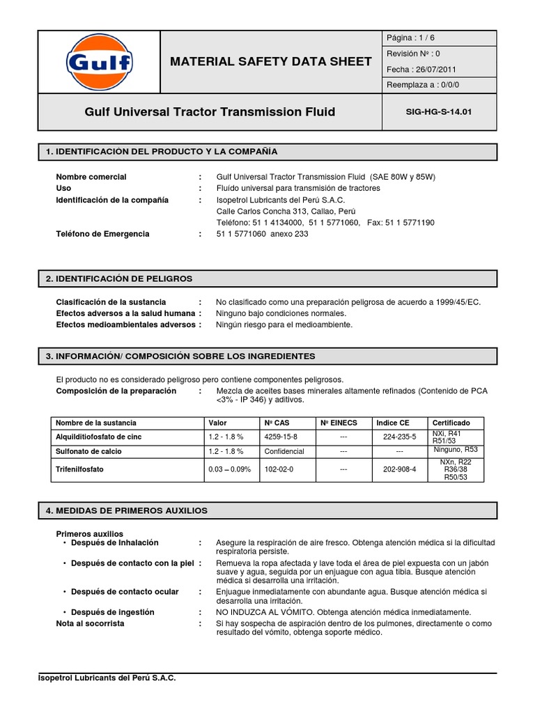 MSDS Aceite Gulf Universal Tractor Transmission Fluid 80W PDF