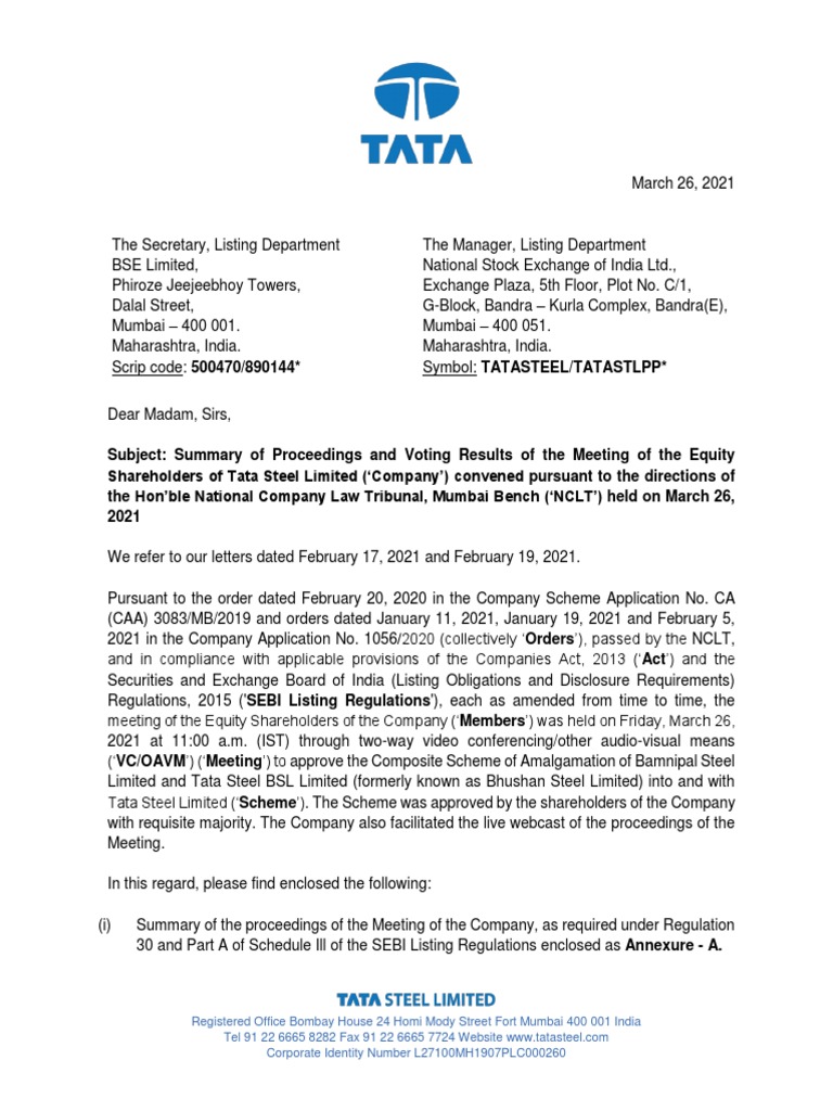 Tata Steel Limited Announcement 2 Download Free PDF Electronic