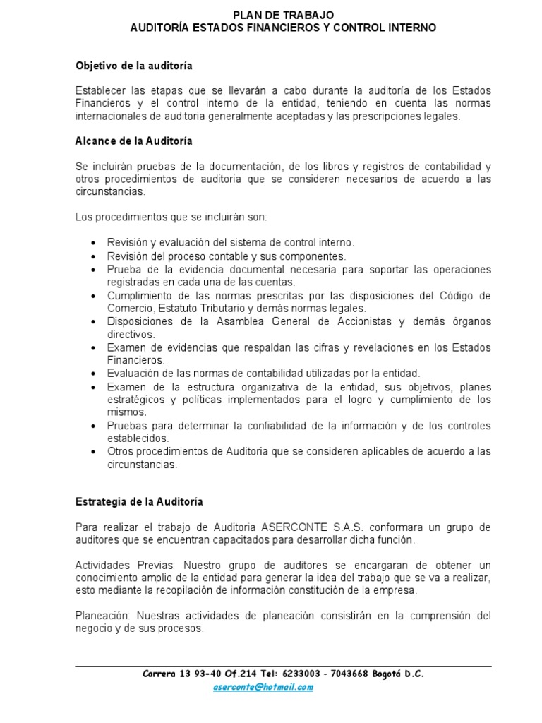 Plan de Auditoria | PDF | Auditoría | Contabilidad y Auditoria
