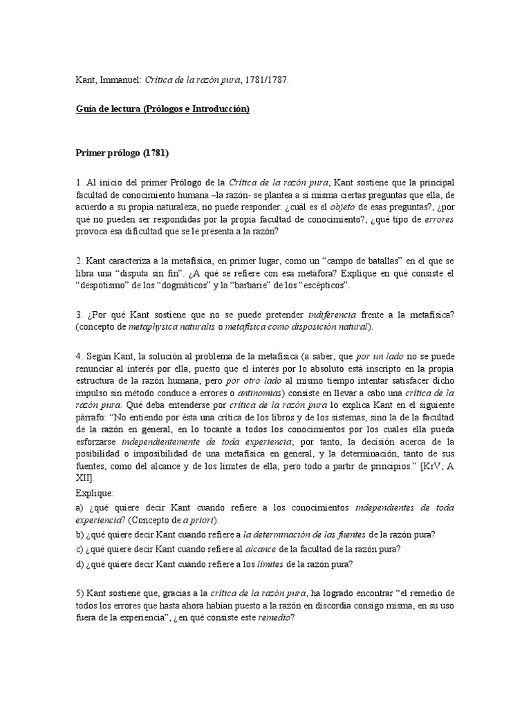 Guía de lectura: Crítica de la razón pura | PDF | A priori y a ...