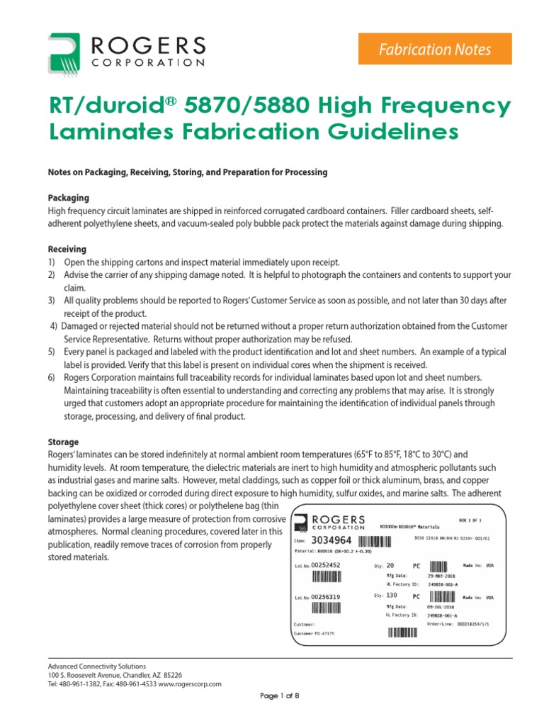 Rt Duroid 5870 5880 High Frequency Laminates Fabrication Guidelines