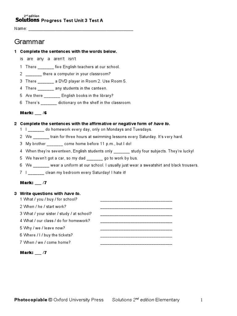 Sol2e ELEM - Progress Test - 3A | PDF | Schools | Classroom