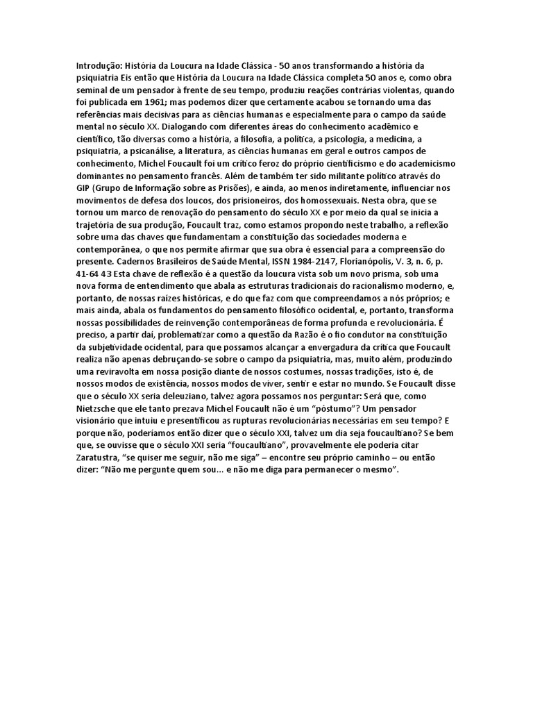 Trodução História Da Loucura Na Idade